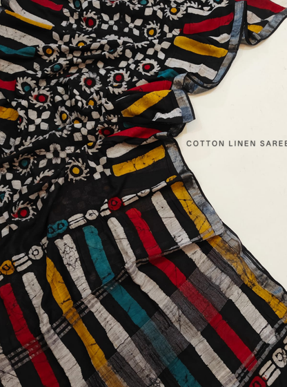 Black Cotton Linen Saree with Multicolor Batik Stripes & Floral Motifs
