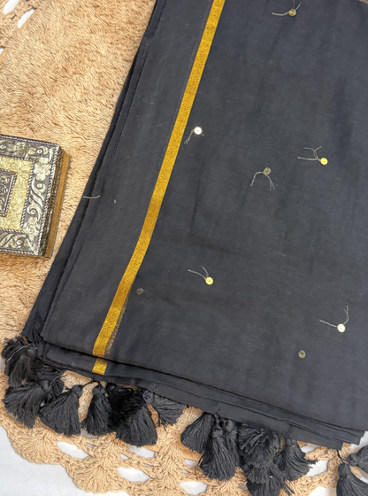 Classic Black Mul Cotton Saree with Gold Accents & Tassels