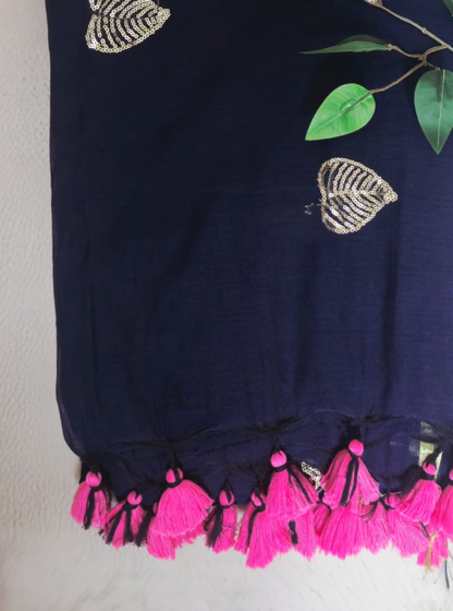 Navy Blue Mul Cotton Saree with Gold Motifs & Pink Tassels
