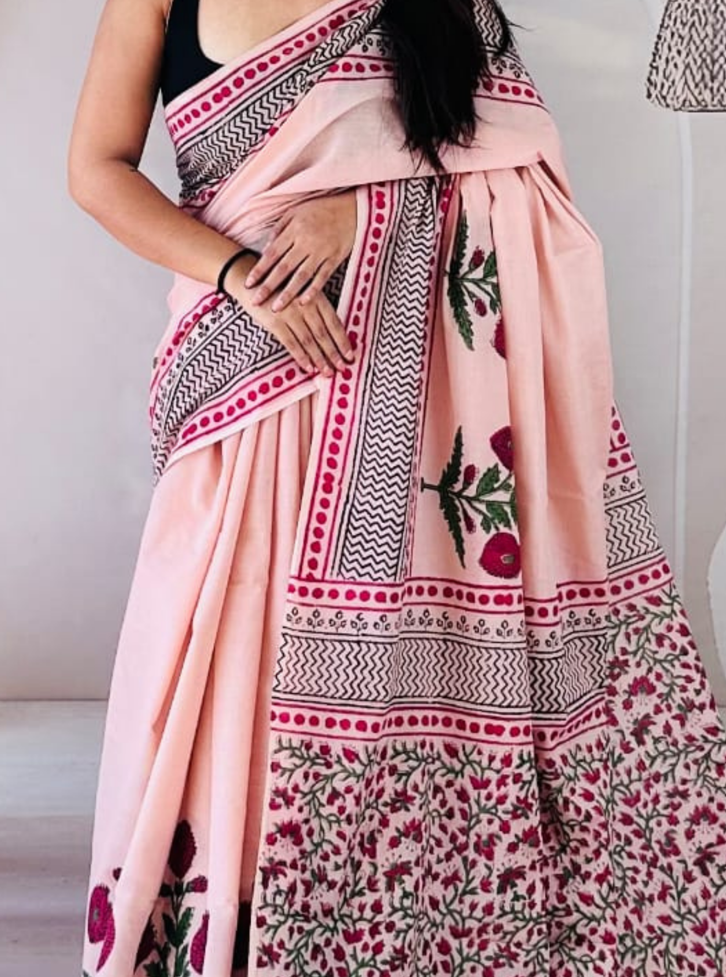 Peach Cotton Jaipur Bagru Print Saree