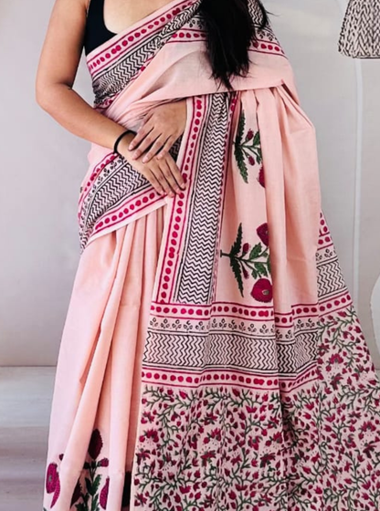 Peach Cotton Jaipur Bagru Print Saree