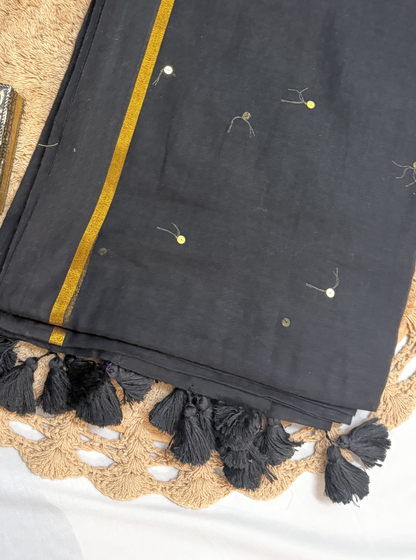 Classic Black Mul Cotton Saree with Gold Accents & Tassels