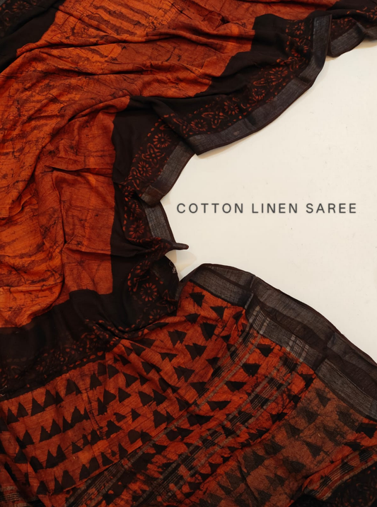 Rust & Black Cotton Linen Saree with Batik-Inspired Geometric Design