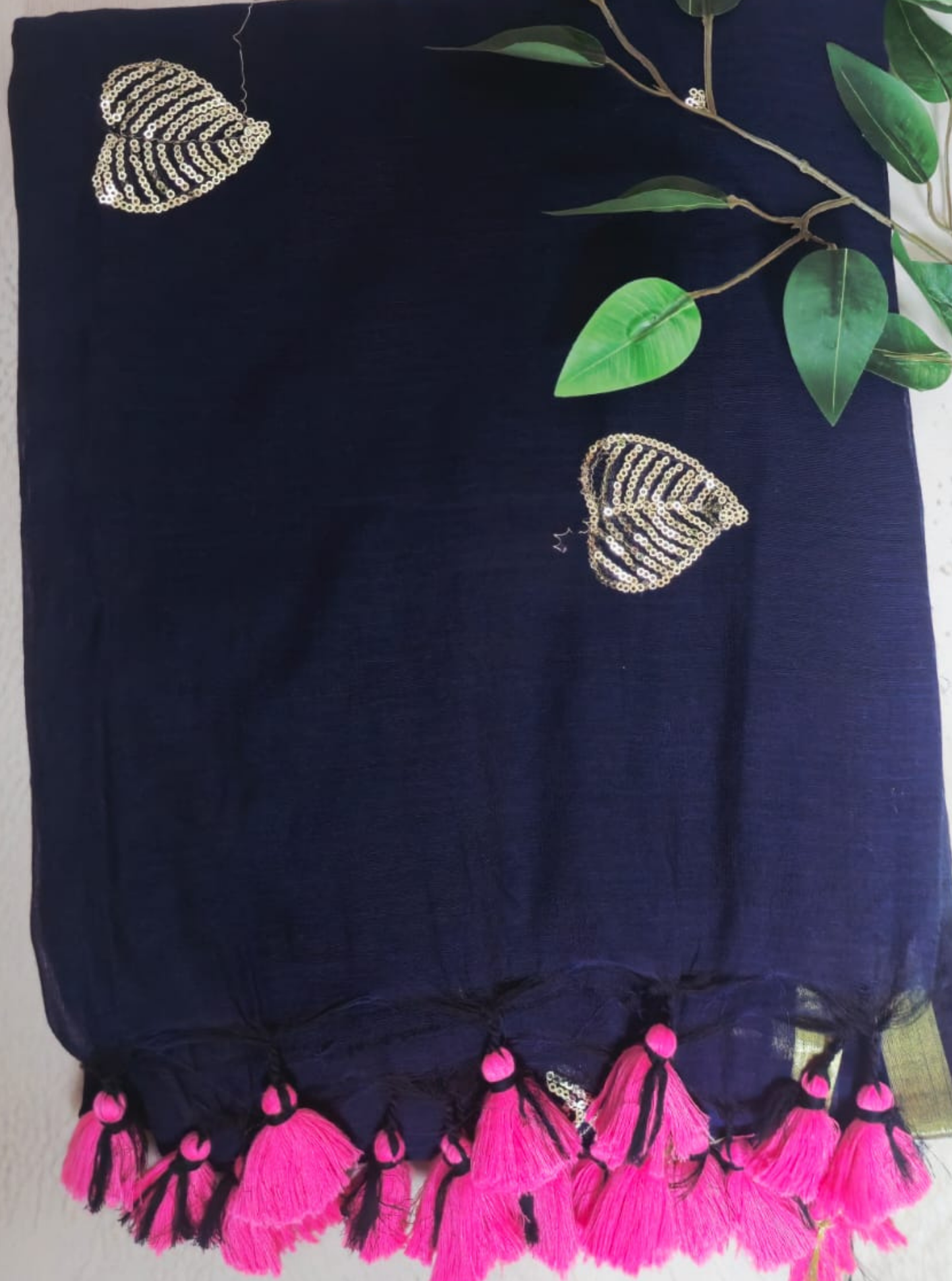 Navy Blue Mul Cotton Saree with Gold Motifs & Pink Tassels