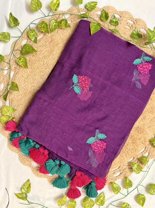 Purple Mul Cotton Saree with Floral Embroidery & Contrast Tassels