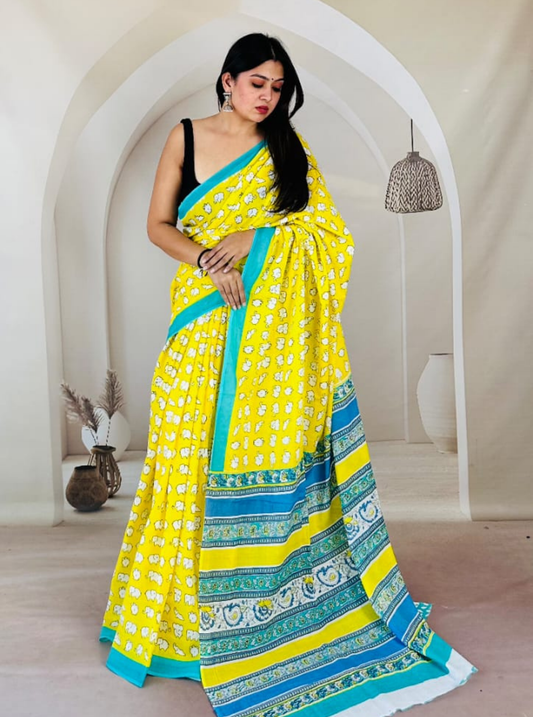Bright Yellow Cotton Jaipur Bagru Print Saree