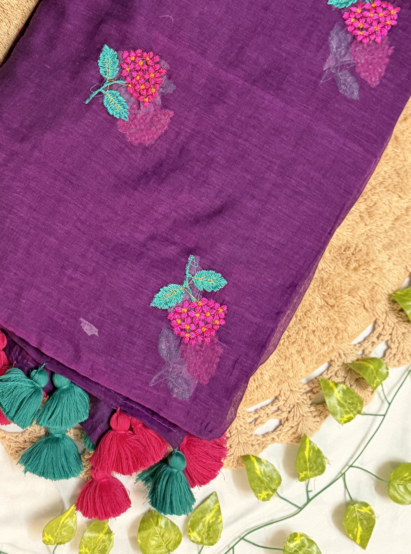 Purple Mul Cotton Saree with Floral Embroidery & Contrast Tassels