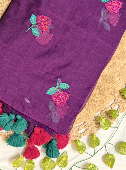 Purple Mul Cotton Saree with Floral Embroidery & Contrast Tassels