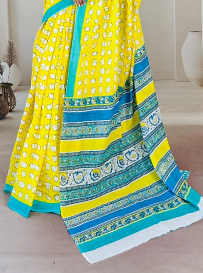 Bright Yellow Cotton Jaipur Bagru Print Saree