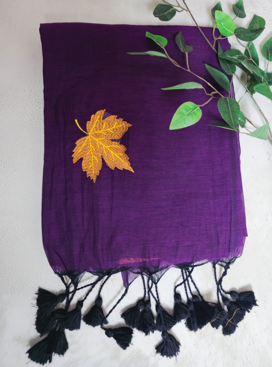 Royal Purple Mul Cotton Saree with Gold Leaf Motif & Black Tassels