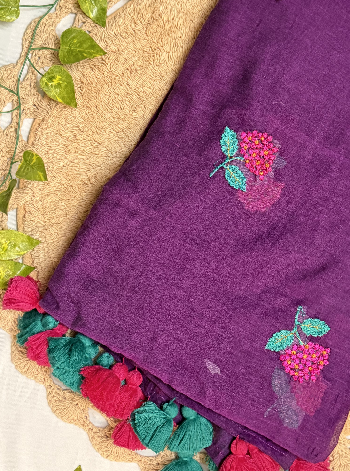 Purple Mul Cotton Saree with Floral Embroidery & Contrast Tassels