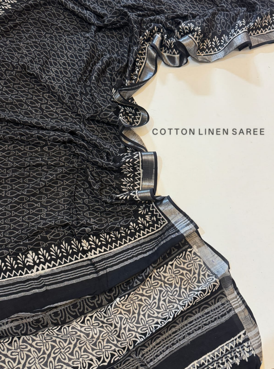 Black & White Cotton Linen Saree with Handblock-Inspired Motifs