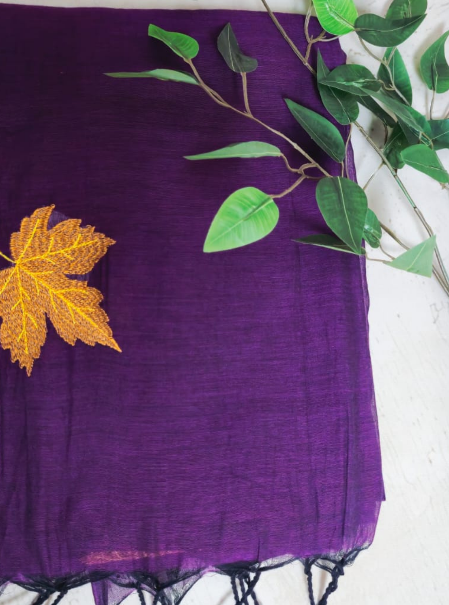 Royal Purple Mul Cotton Saree with Gold Leaf Motif & Black Tassels