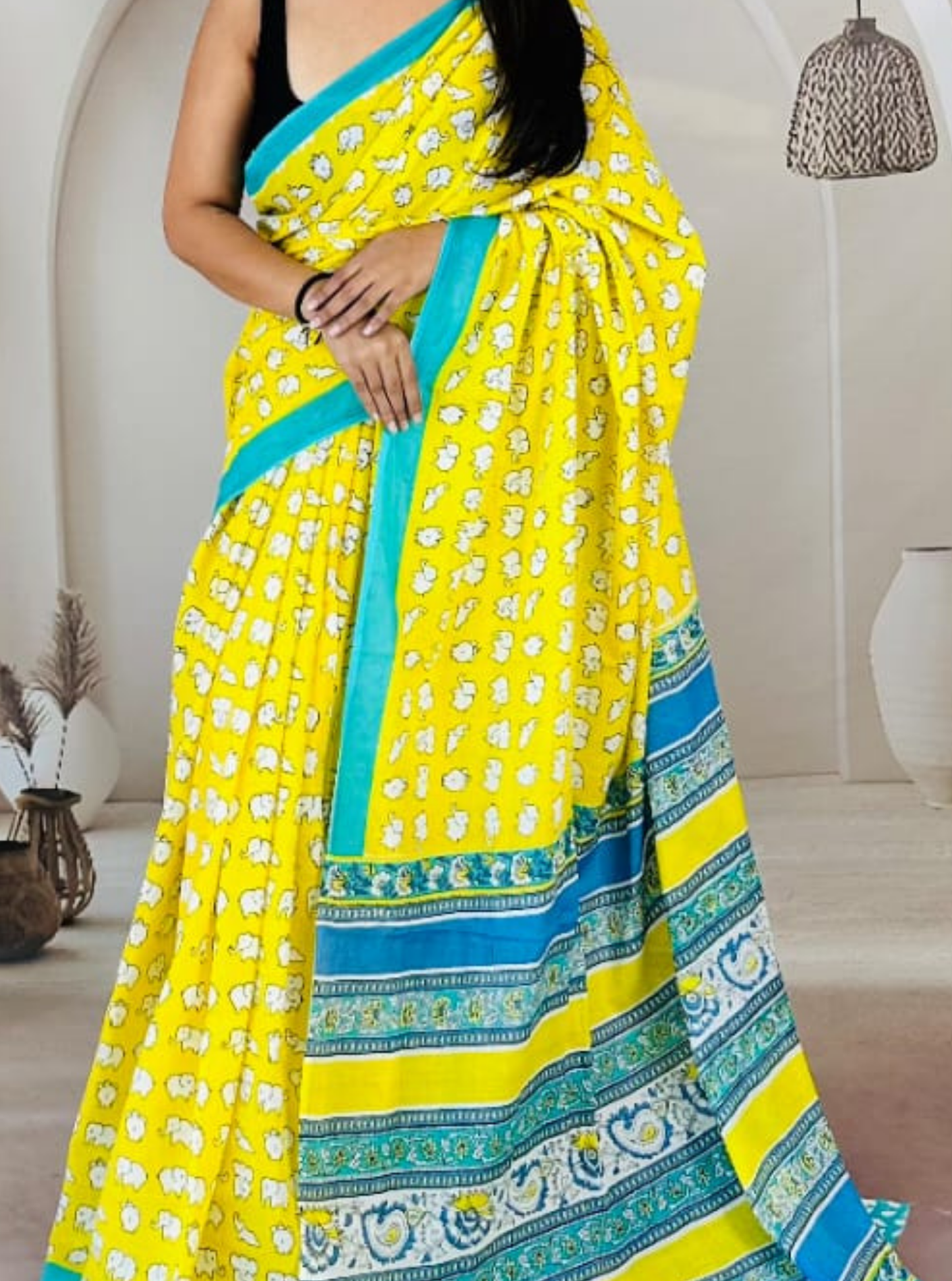 Bright Yellow Cotton Jaipur Bagru Print Saree