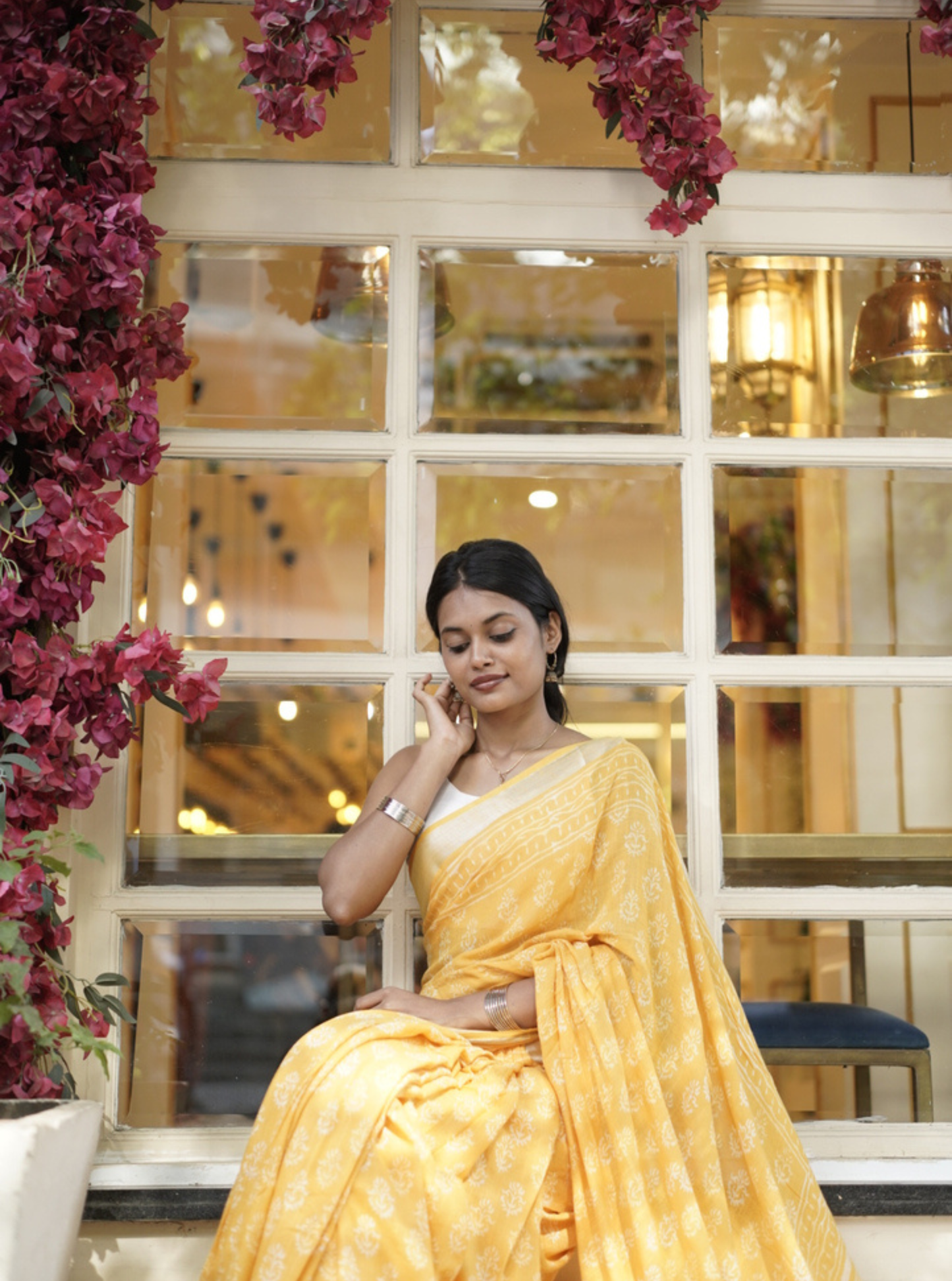 Sunshine Yellow Hand-Printed Linen Cotton Saree with Classic Borders