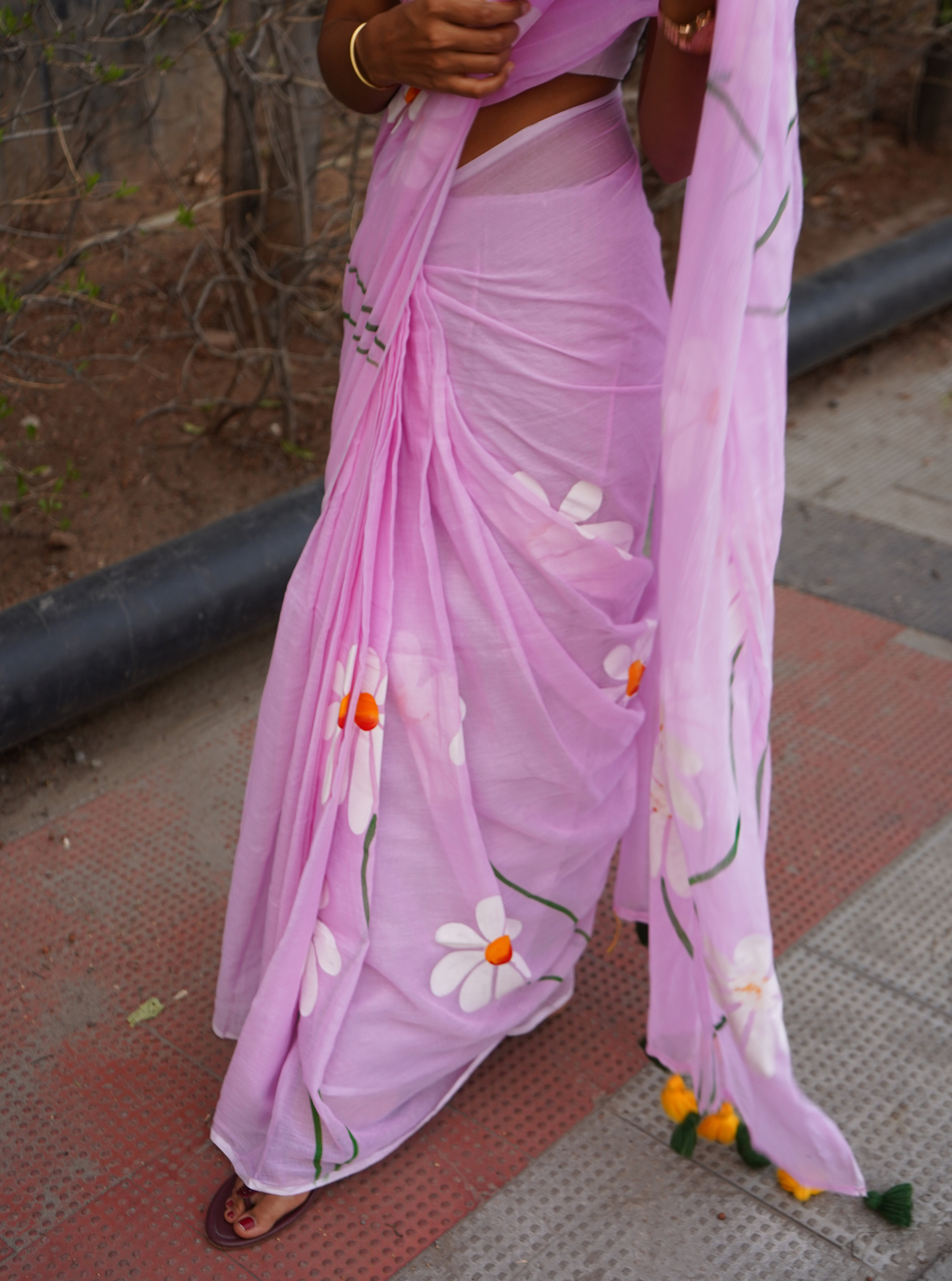 Pastel Pink Hand-Painted Mul Cotton Saree with Floral Art