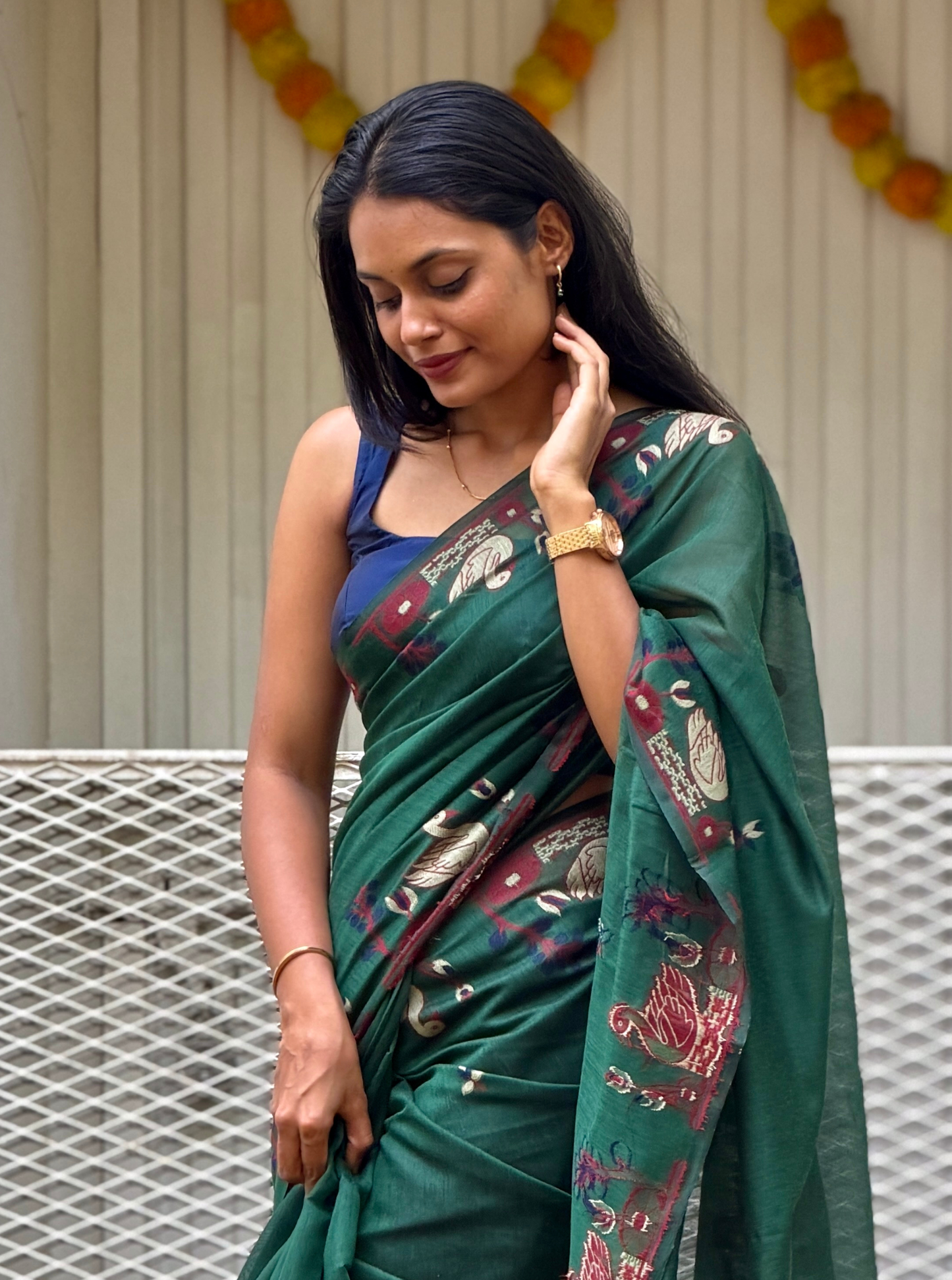 Elegant Forest Green Cotton Designer Saree with Artistic Border
