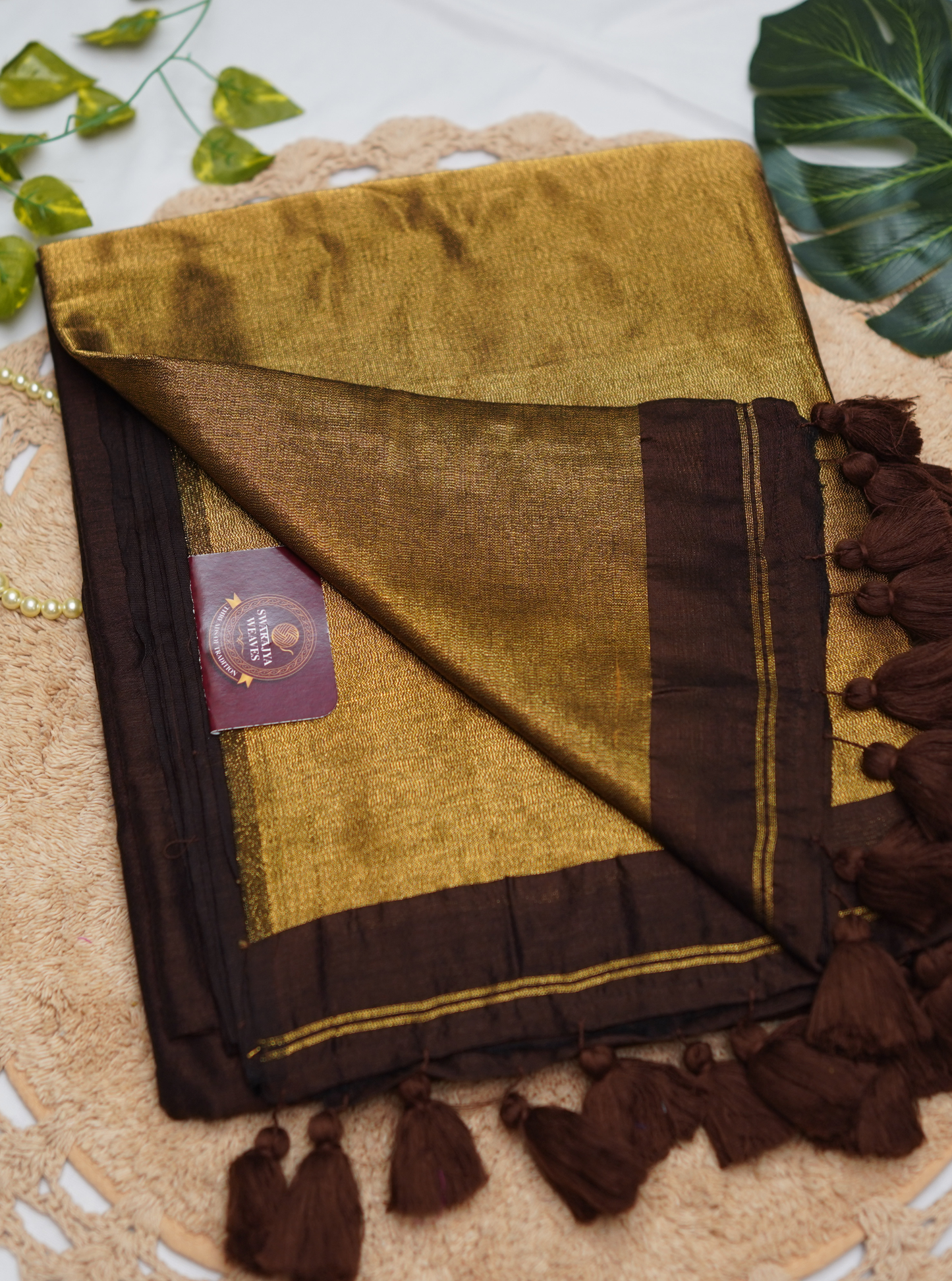 Chocolate Brown Mul Cotton Saree with Rich Gold Pallu & Tassels