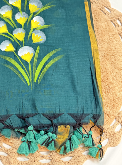 Teal Mul Cotton Saree with Handpainted Floral Motif & Tassel Pallu