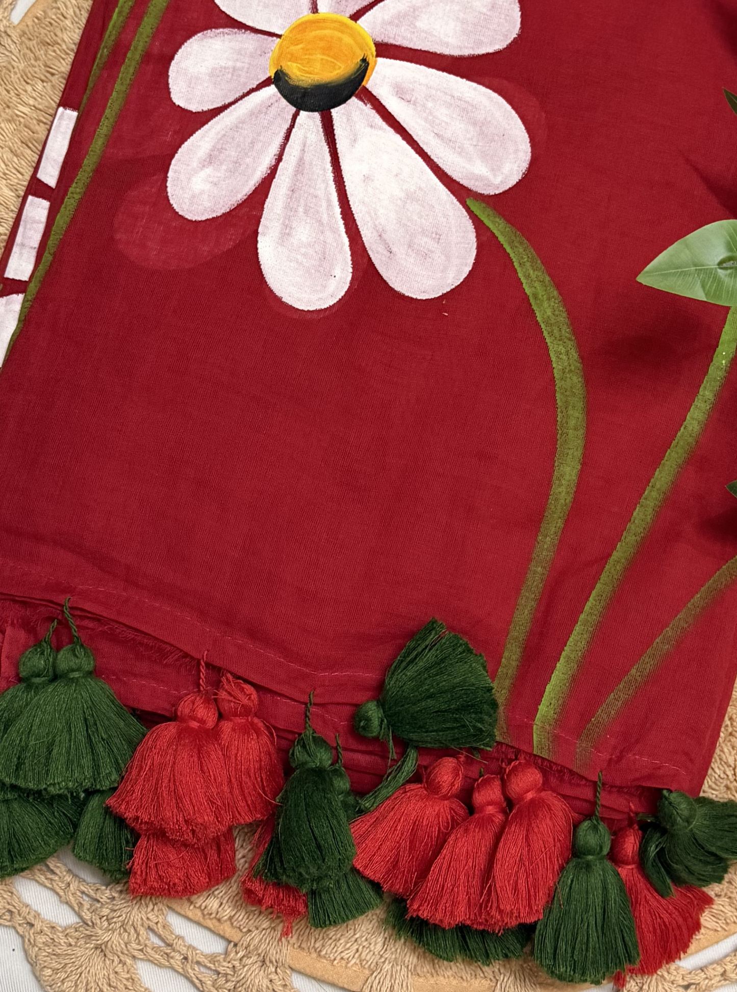 Red Hand-Painted Mul Cotton Saree with Bold Floral Motif & Tassel Pallu
