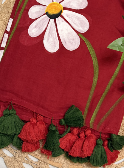 Red Hand-Painted Mul Cotton Saree with Bold Floral Motif & Tassel Pallu