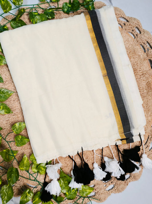 Classic Off-White Mul Cotton Saree with Black & Gold Border and Tassel Pallu