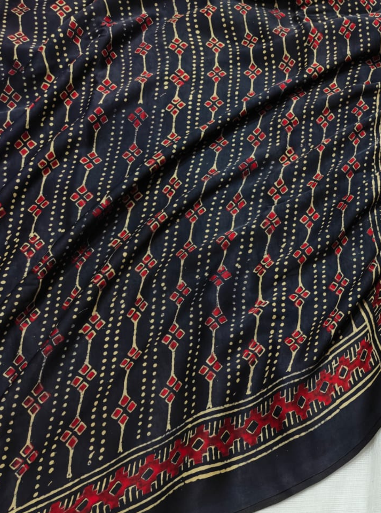 Midnight Navy Pure Modal Silk Saree with Ajrakh Geometric Stripe Motifs