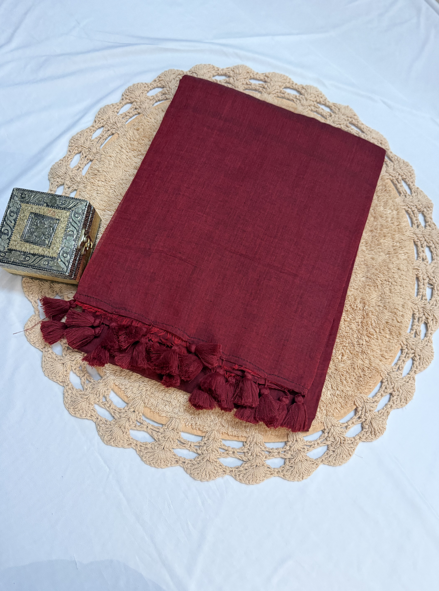 Classic Maroon Mul Cotton Saree with Tassel Pallu