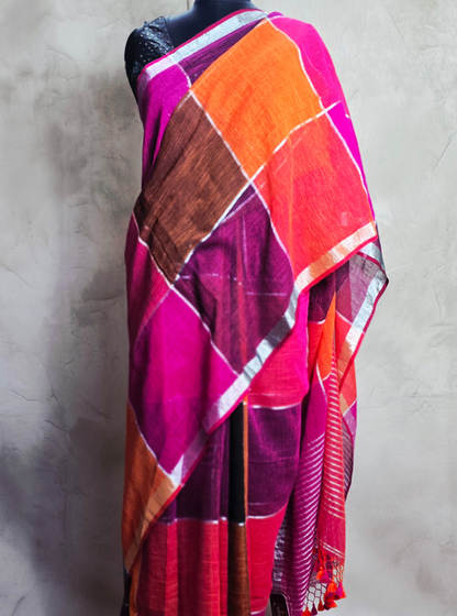 Vibrant Multicolor Linen Cotton Saree with Contemporary Checks