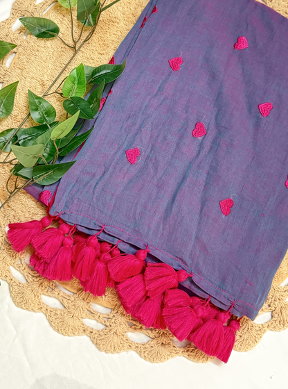 Twilight Purple Mul Cotton Saree with Pink Heart Motifs & Tassels