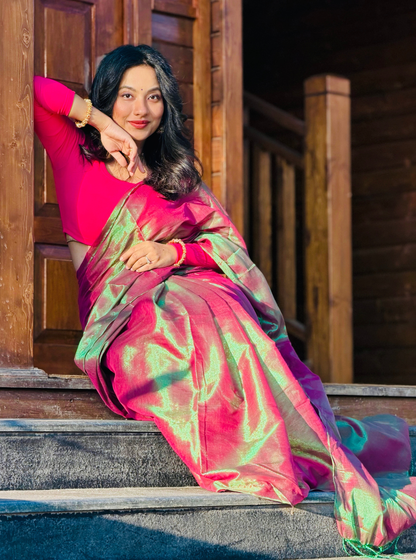 Rose Pink & Aqua Tissue Cotton Saree with Subtle Sheen
