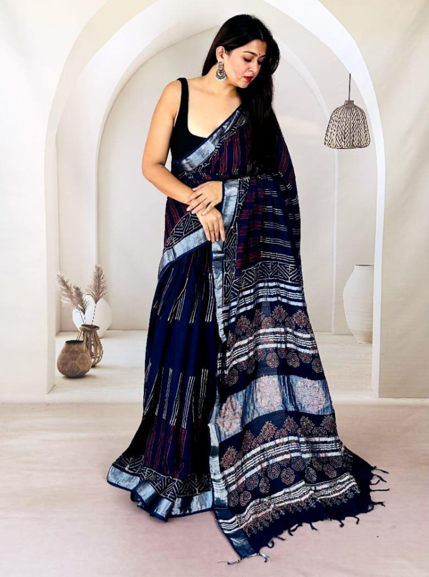 Midnight Indigo Hand-Printed Linen Cotton Saree with Tribal-Inspired Borders