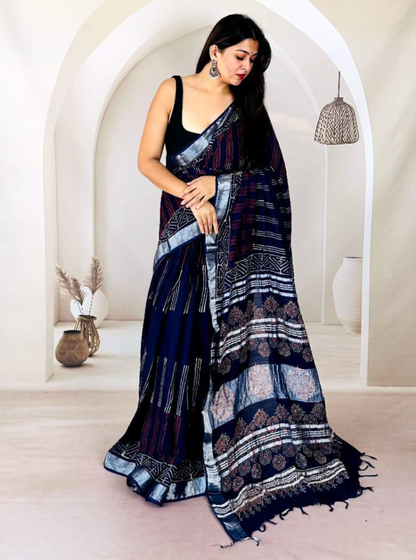 Midnight Indigo Hand-Printed Linen Cotton Saree with Tribal-Inspired Borders