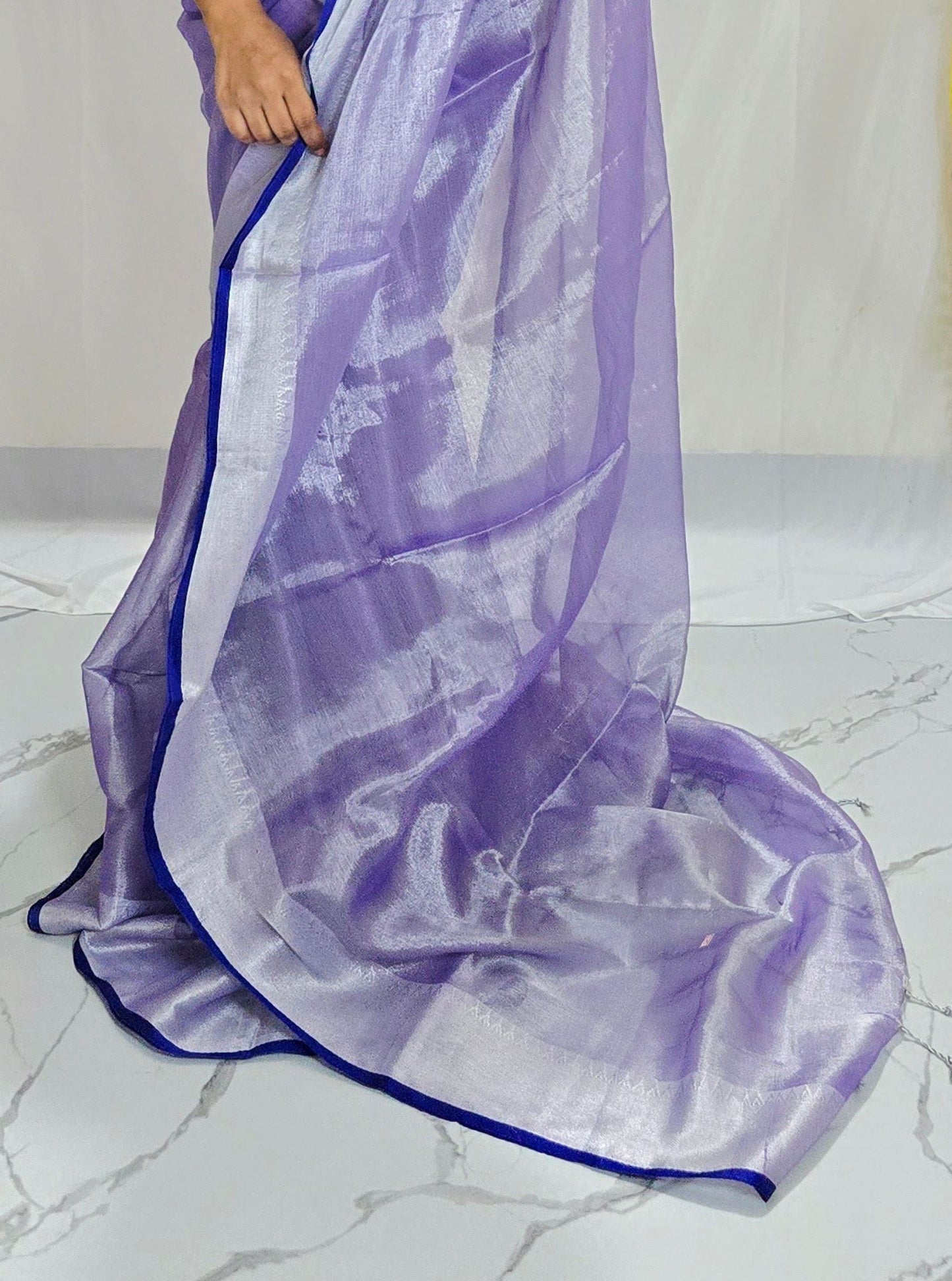 Soft Lavender Tissue Cotton Saree with Silver Border & Royal Blue Selvedge