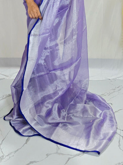 Soft Lavender Tissue Cotton Saree with Silver Border & Royal Blue Selvedge