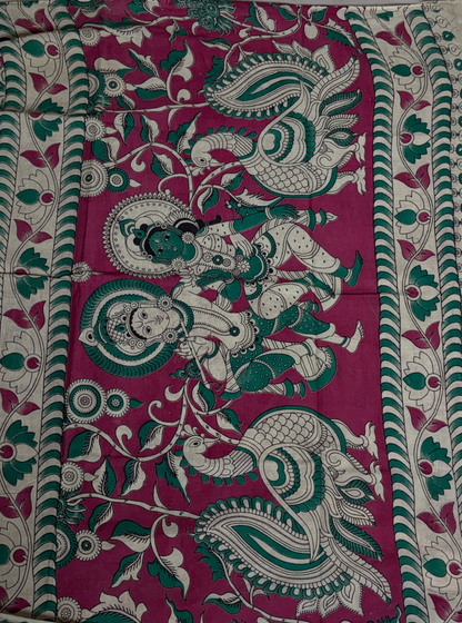 Ivory Cotton Saree with Multicolor Kalamkari Motifs & Pink Border