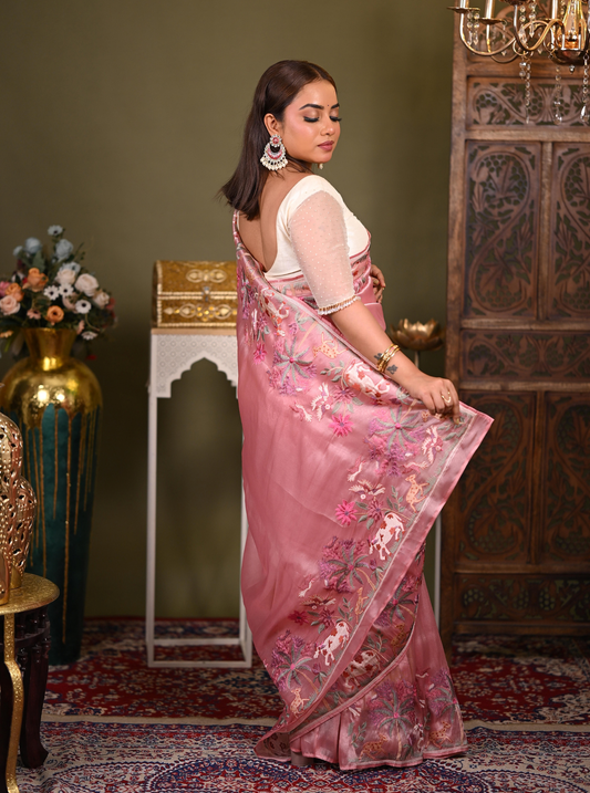 Elegant Pink Tissue Silk Saree with Floral Embroidery Border