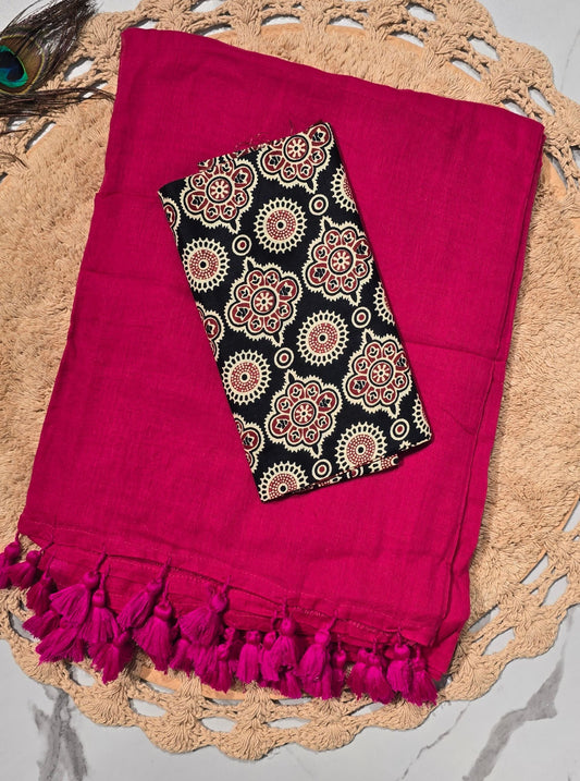 Rani Pink Mul Cotton Saree with Handcrafted Tassels & Ajrakh-Inspired Printed Blouse