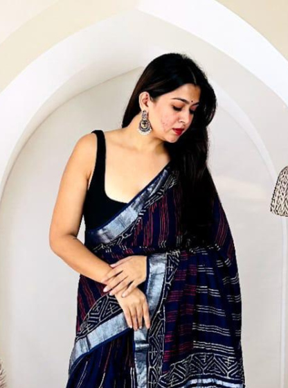 Midnight Indigo Hand-Printed Linen Cotton Saree with Tribal-Inspired Borders