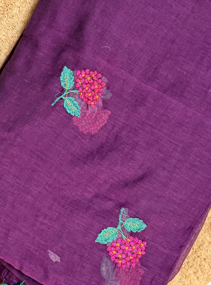 Purple Mul Cotton Saree with Floral Embroidery & Contrast Tassels