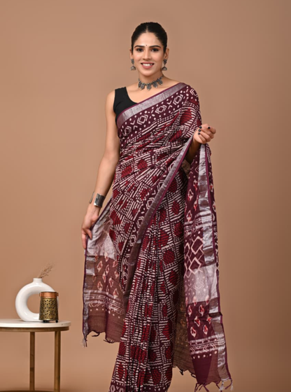 Maroon Linen Cotton Saree with Bandhani-Inspired Design