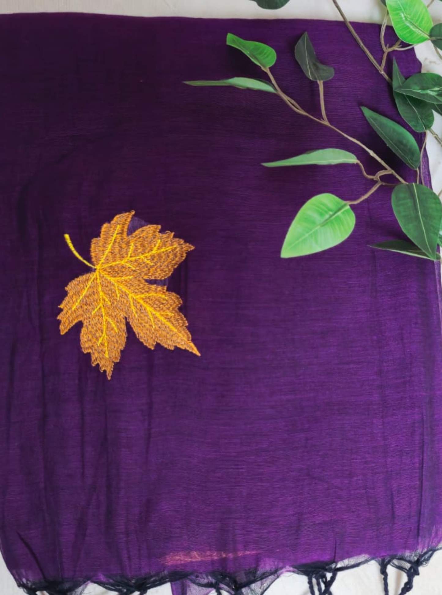 Royal Purple Mul Cotton Saree with Gold Leaf Motif & Black Tassels