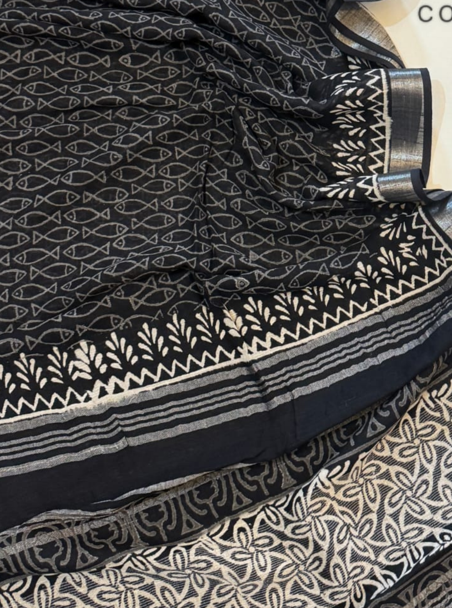 Black & White Cotton Linen Saree with Handblock-Inspired Motifs