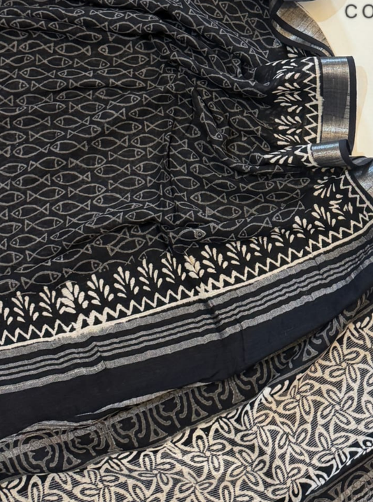 Black & White Cotton Linen Saree with Handblock-Inspired Motifs
