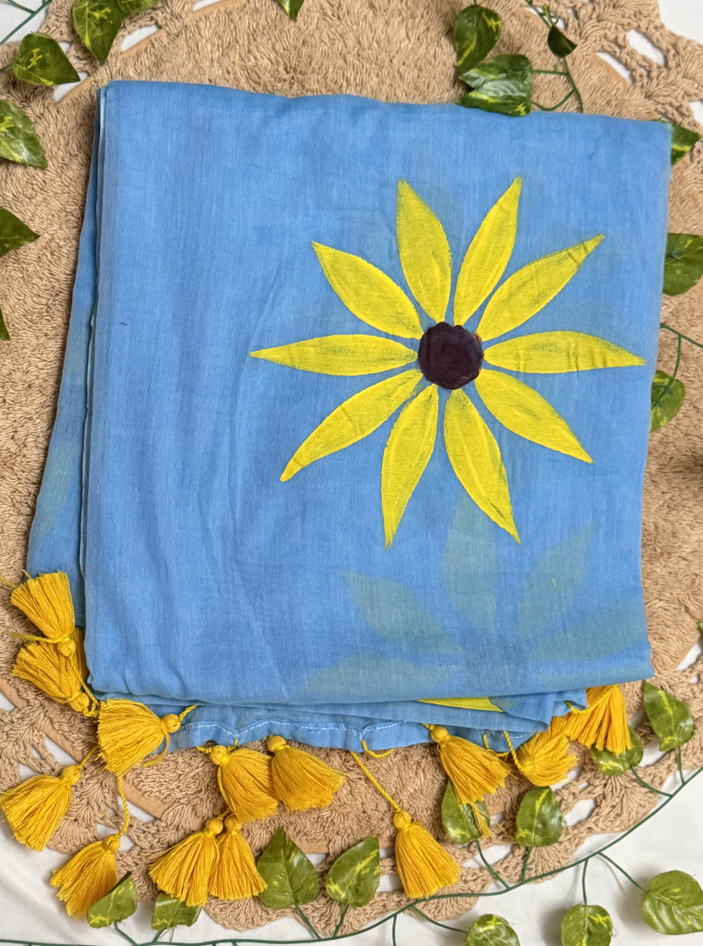 Sky Blue Mul Cotton Saree with Hand-Painted Yellow Floral Design & Contrast Tassels