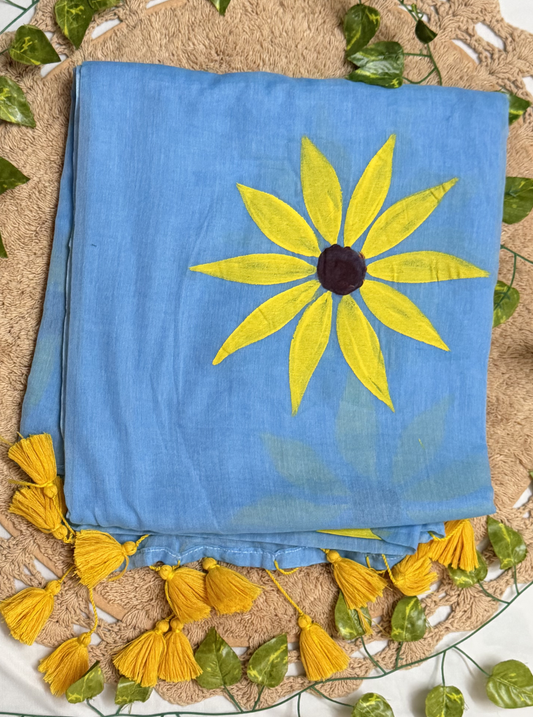 Sky Blue Mul Cotton Saree with Hand-Painted Yellow Floral Design & Contrast Tassels