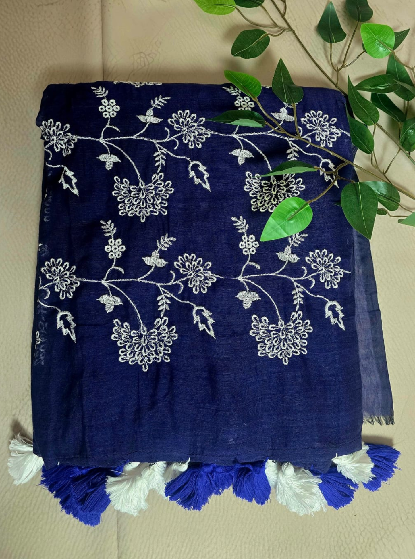 Navy Blue Mul Cotton Saree with White Floral Embroidery & Dual Tassels