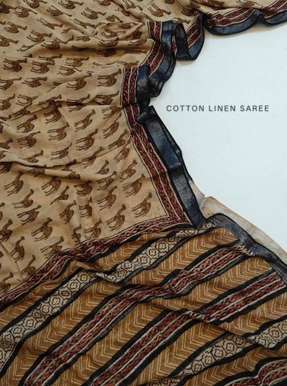 Beige Cotton Linen Saree with Animal Motif & Tribal Border