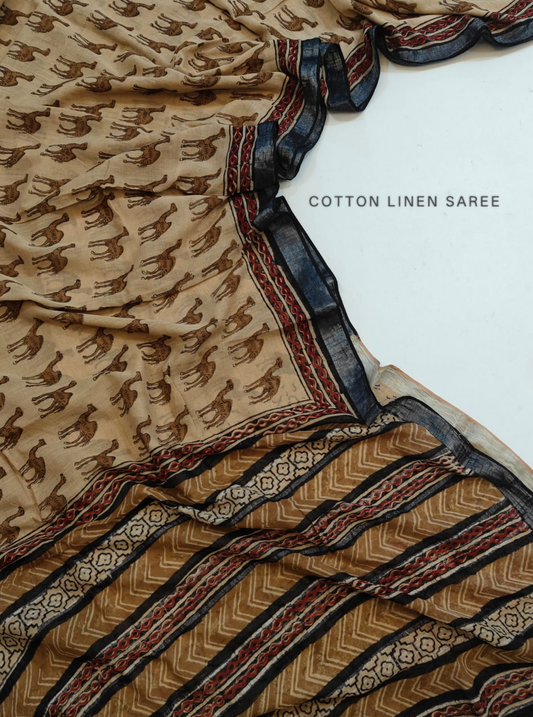 Beige Cotton Linen Saree with Animal Motif & Tribal Border