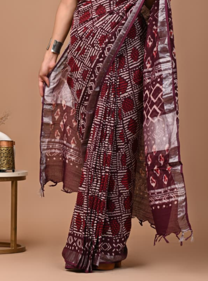 Maroon Linen Cotton Saree with Bandhani-Inspired Design